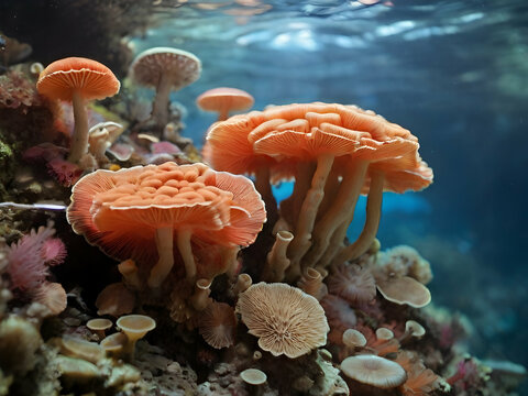 orange mushroom in the aquarium. fungus, nature, forest, mushrooms, fungi,Ai generated 