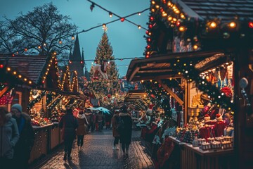 Naklejka premium A festive Christmas market adorned with twinkling lights, festive decorations, and stalls selling holiday treats and gifts, set within a charming town square with a towering Christmas tree, Generative
