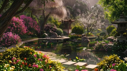 A peaceful garden oasis with winding pathways lined by blooming flowers, serene ponds, and ancient trees, inviting tranquil contemplation amidst nature's embrace