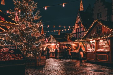 A festive Christmas market adorned with twinkling lights, festive decorations, and stalls selling...