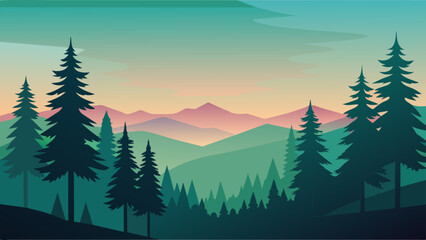 Mountains and forest landscape silhouettes, vector nature horizontal background.