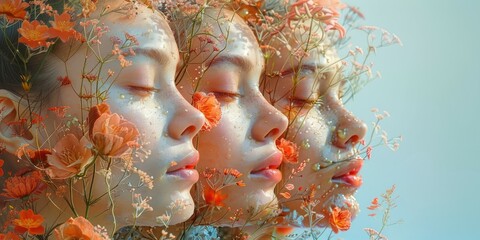 Face of a beautiful women with flowers in her hair. Banner with space for text