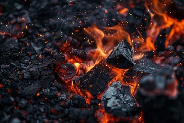 Glowing embers after fire, close up, wallpaper background