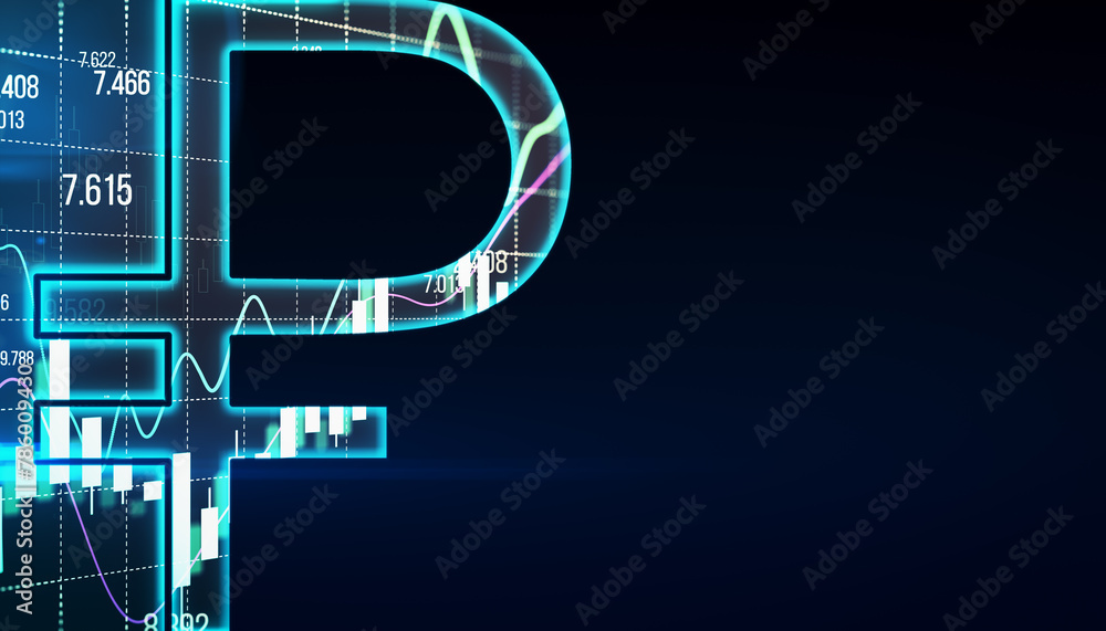Poster Creative tech ruble sign on dark backdrop with mock up place. Crypto, online banking, digital transformation and finance concept. 3D Rendering.
