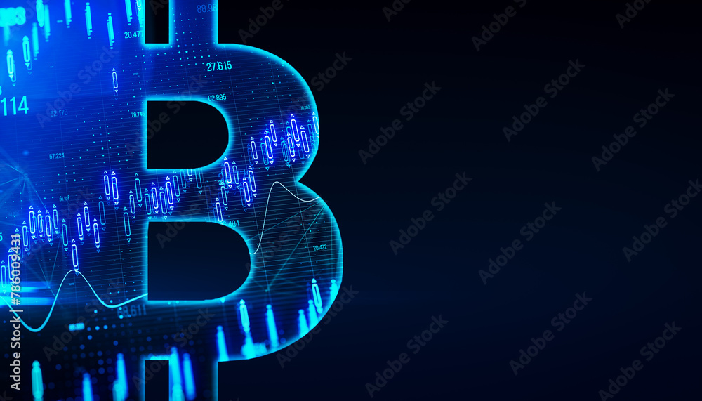 Poster creative tech bitcoin sign on dark backdrop with mock up place. crypto, online banking, digital tran