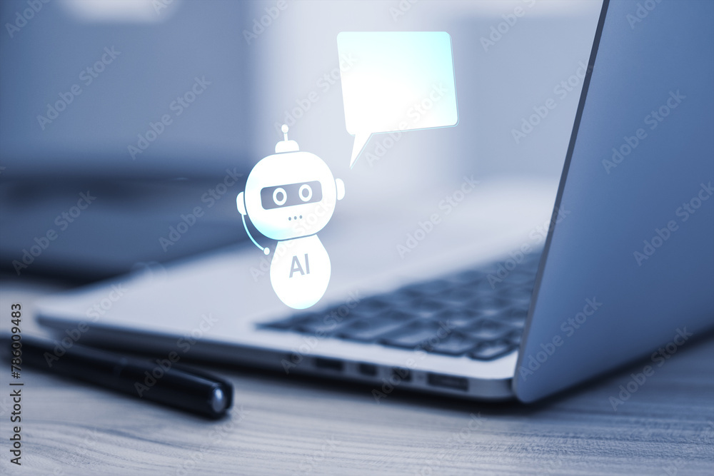 Aufkleber Close up of laptop on desk with creative AI robot hologram with speech bubble for your text on blurry background. Chat GPT and customer support concept. 3D Rendering.