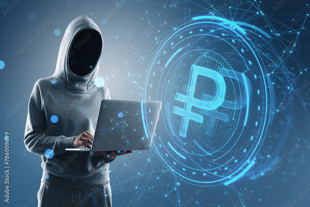 Poster side view of hacker holding laptop computer with creative round ruble sign on blurry blue polygonal 