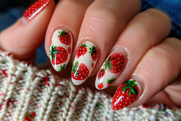 Long fingernails with red and white strawberry summer nail art design