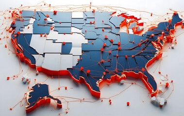 Abstract digital map of the USA symbolizing North America's global network and connectivity