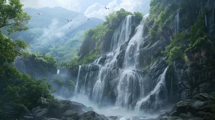 Möbelaufkleber A majestic waterfall cascading down rugged cliffs, its roaring waters surrounded by vibrant greenery and mist-kissed rocks. 8k, realistic, full ultra HD, high resolution, and cinematic © Amer