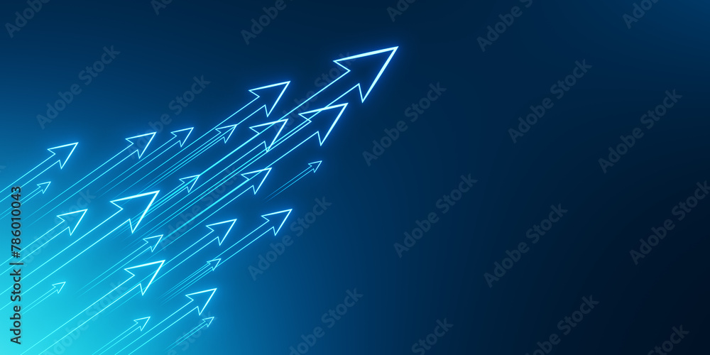 Poster Abstract growing arrows on blue backdrop with mock up place. Success, progress and result concept. 3D Rendering.
