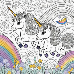 two smiling unicorn flying on rainbows isolated on white background. watercolor vector illustration for child t-shirts and book