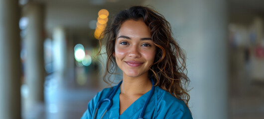 A woman in a blue scrubs is smiling