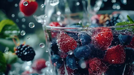 Wandcirkels plexiglas Blueberries and raspberries splashing into crystal clear water with air bubbles. Generative AI © saicle