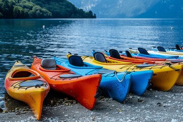 Colourful kayaks in a row, close up on the river