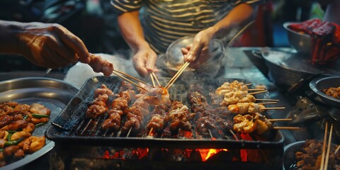 A bustling food stall where a vendor grills assorted meats on skewers over an open flame Smoke and street ambiance add character - obrazy, fototapety, plakaty