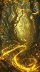 Captures the mystical essence of the gold element, surrounded by swirling mists and radiant golds that light up a shadowy, enchanted forest