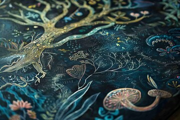 A chalk illustration depicting a magic forest teeming with fantastical creatures and magical flora