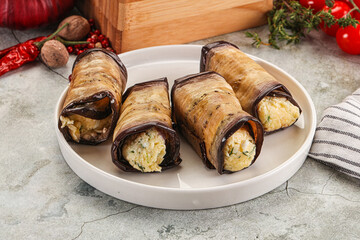 Baked eggplant roll with cheese