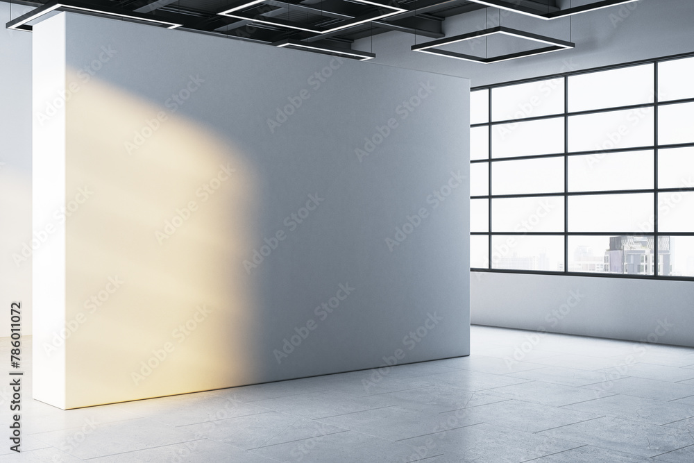 Poster simple empty concrete interior with mock up place on wall, panoramic windows and daylight. 3d render