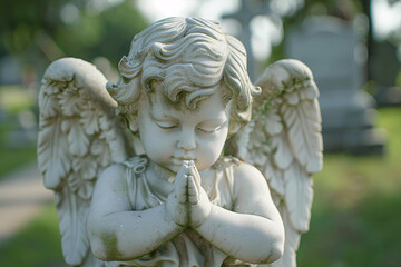 Naklejka premium Praying angel child statue at cemetery