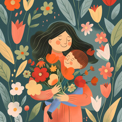 mother's day illustration vector, mom's day, floral, parent and child, mother and a mom receiving Mother's day flower bouquet from her children, mother and daughter, cinematic photograph, mom's day