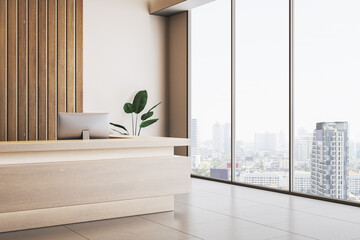Clean wooden and concrete office with panoramic window and city view, reception desk and decorative plant. Lobby concept. 3D Rendering.