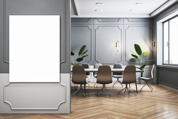 Bright classic meeting room interior with empty white mock up banner on wall, wooden flooring, furniture and window. 3D Rendering.