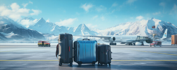 luggage stand on an airport tarmac, hinting at the beginning of an adventure against a backdrop of snowy mountains