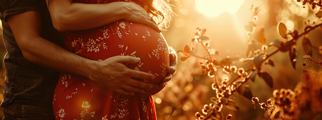 pregnant woman and man on the background of nature close-up