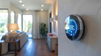 Detailed shot of a smart thermostat set on an eco-friendly setting, focusing on the digital display and minimalist interface in a modern home