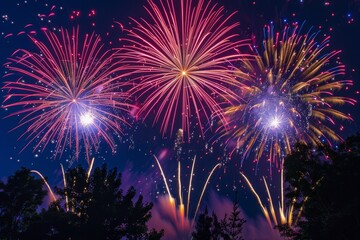 Bursting fireworks against a dark sky, Independence Day celebrations, wallpaper background