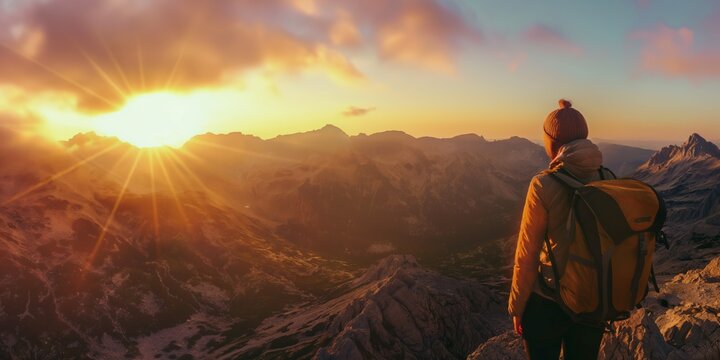 A breathtaking view of a hiker admiring the sunset over a rugged mountain range, capturing the sense of adventure