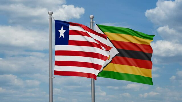 Zimbabwe and Liberia two flags waving together, looped video, two country cooperation concept