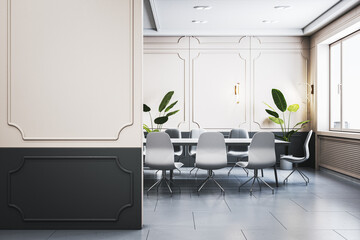 Modern classic meeting room interior with empty mock up place on light wall, furniture, window and city view. 3D Rendering.