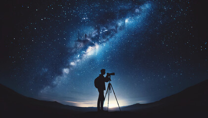 Starry Night: Photographer in Silhouette - obrazy, fototapety, plakaty