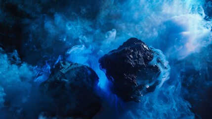 Captures the carbon chunk surrounded by electric blue smoke or fog, adding a layer of mystery and vibrant energy to its elemental purity