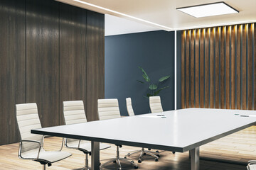 Modern wooden designer meeting room interior. 3D Rendering.