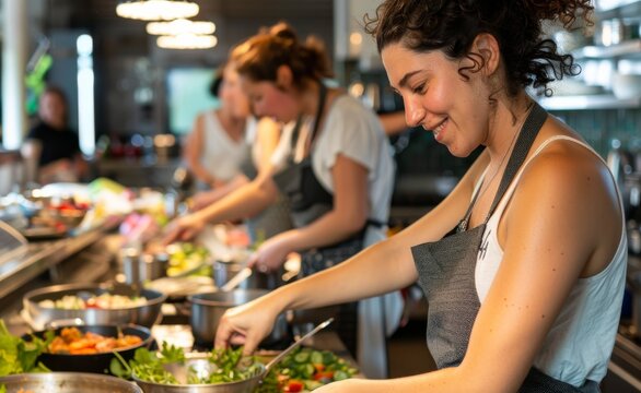 Culinary Enthusiasts Sharing Passion and Skills in a Group Cooking Workshop