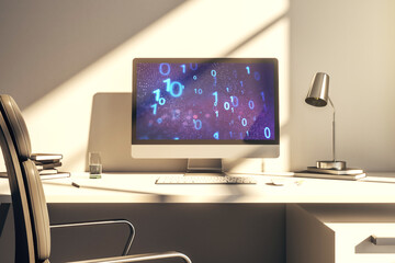 Creative abstract binary code sketch on modern laptop monitor, hacking and matrix concept. 3D Rendering