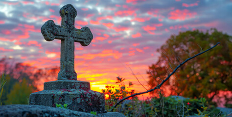 Sunset sky with christian cross silhouette