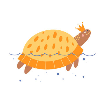 Cartoon turtle with a crown in the Scandinavian style. Cute picture for textile, wrapping, wallpaper, apparel. Vector illustration of funny reptile on white background.