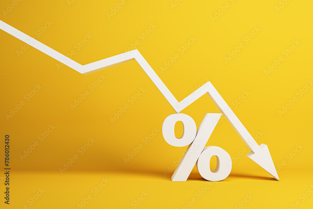 Poster falling white chart arrow with percent icon on yellow background. falling interest rates and mortgag
