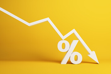 falling white chart arrow with percent icon on yellow background. Falling interest rates and mortgage concept. 3D Rendering. - obrazy, fototapety, plakaty
