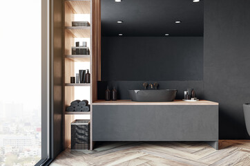 Luxury bathroom with textured tiles and elegant wood elements. Sophisticated interior design. 3D Rendering