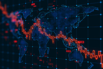A stock market graph overlaying a digital map represents a financial crisis with a bearish trend in a digital graphic style on a dark background. 3D Rendering - obrazy, fototapety, plakaty