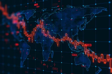 Deurstickers A stock market graph overlaying a digital map represents a financial crisis with a bearish trend in a digital graphic style on a dark background. 3D Rendering © Who is Danny