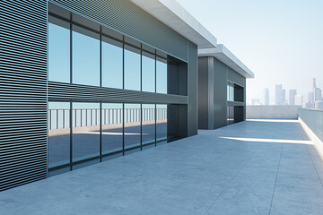 Naklejka premium Modern building balcony with expansive blue flooring and skyline view. Architectural minimalism. 3D Rendering