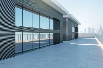 Zelfklevend Fotobehang Modern building balcony with expansive blue flooring and skyline view. Architectural minimalism. 3D Rendering © Who is Danny