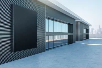  Sleek architectural facade with a large mockup space, perfect for advertising against a city skyline. 3D Rendering © Who is Danny